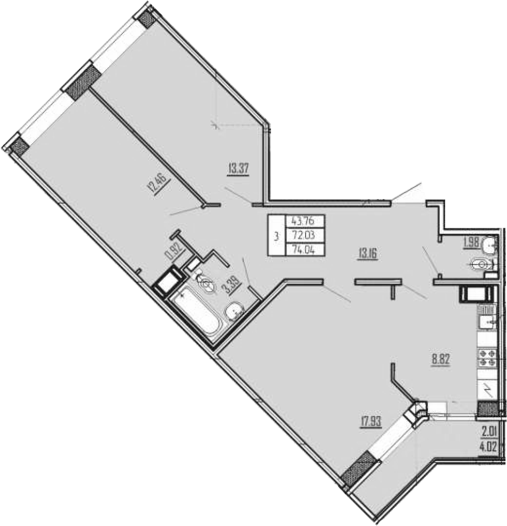 3-комнатная квартира 74.04 м², 20/20 эт., ЖК «Стороны Света»